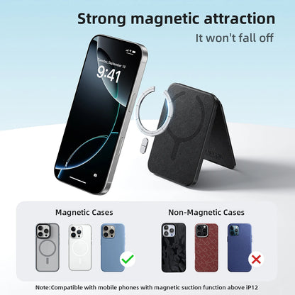 Smartphone with magnetic stand and comparison of magnetic vs non-magnetic cases on a light blue background.