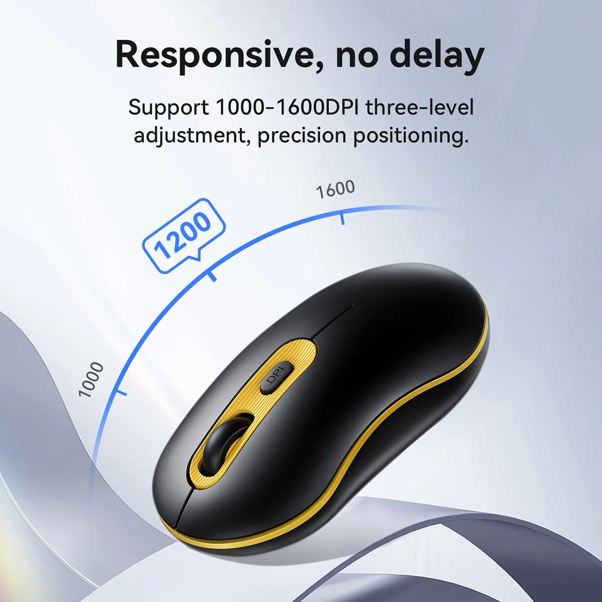 Black and yellow computer mouse with DPI adjustment on a light gray background