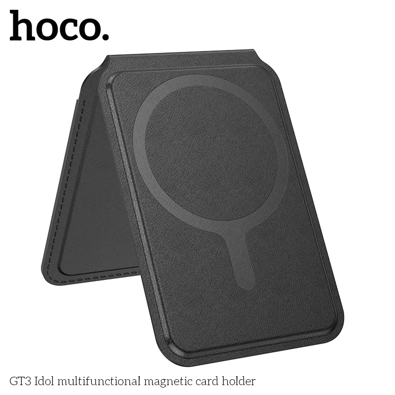 Black multifunctional magnetic card holder with 'hoco.' branding on a white background