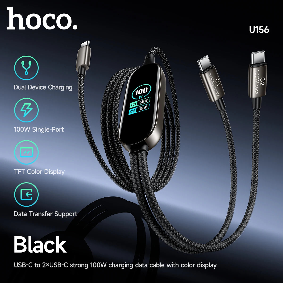 HOCO U156 100W Dual USB-C Charging Cable with TFT Display