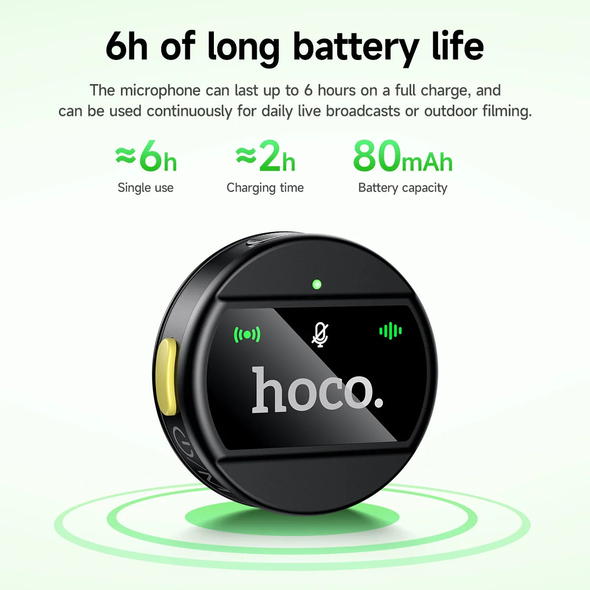 Black microphone with green text and 'hoco.' branding on a white background