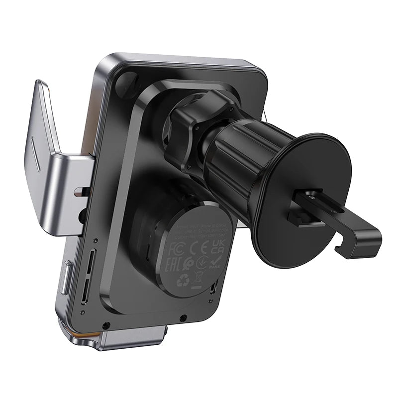 Car air vent phone mount with metallic finish on a white background