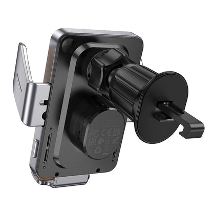 Car air vent phone mount with metallic finish on a white background