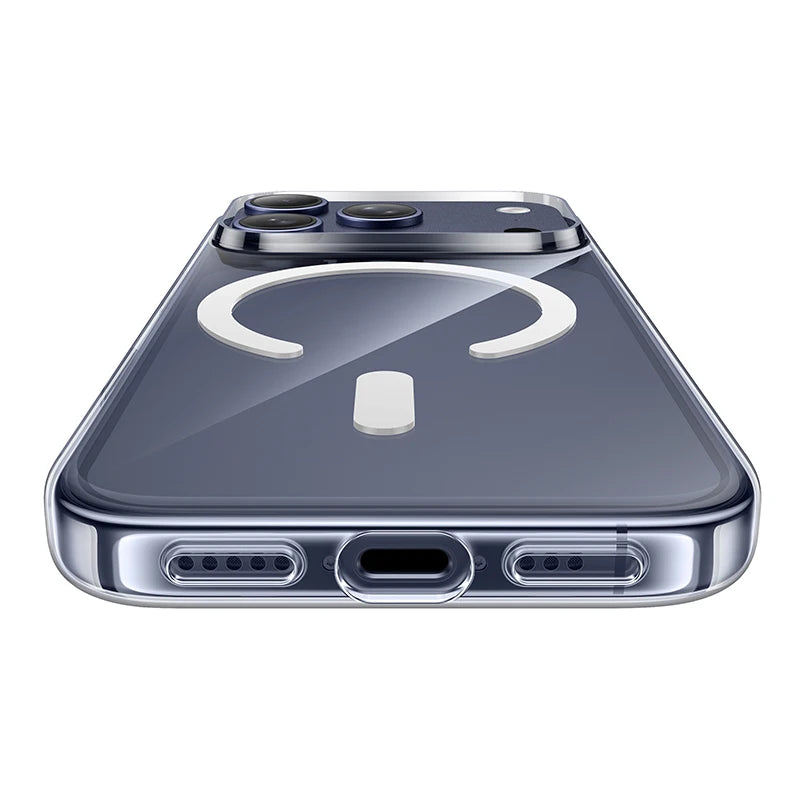 Close-up of a smartphone's back with camera setup and ports on a white background