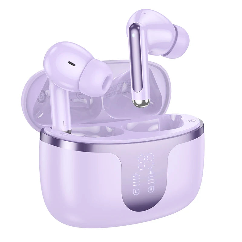 Purple wireless earbuds with charging case on a white background