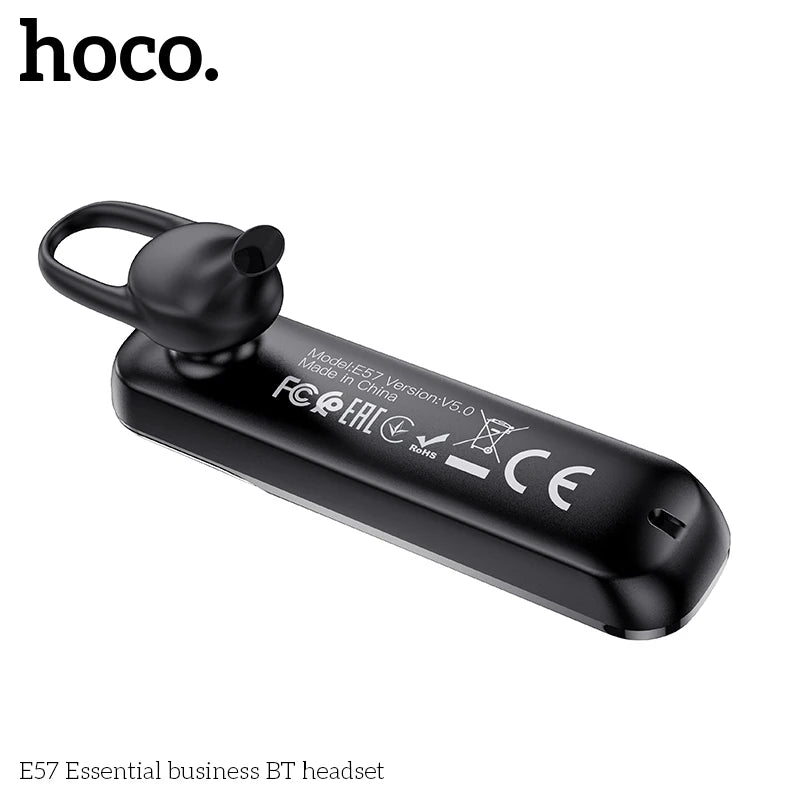 Black Bluetooth headset with visible branding on a white background