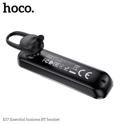 Black Bluetooth headset with visible branding on a white background