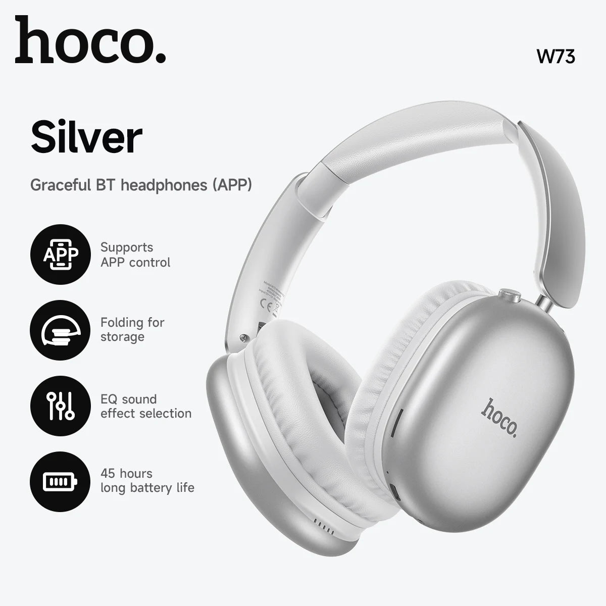Silver hoco. Bluetooth headphones with features listed on a white background