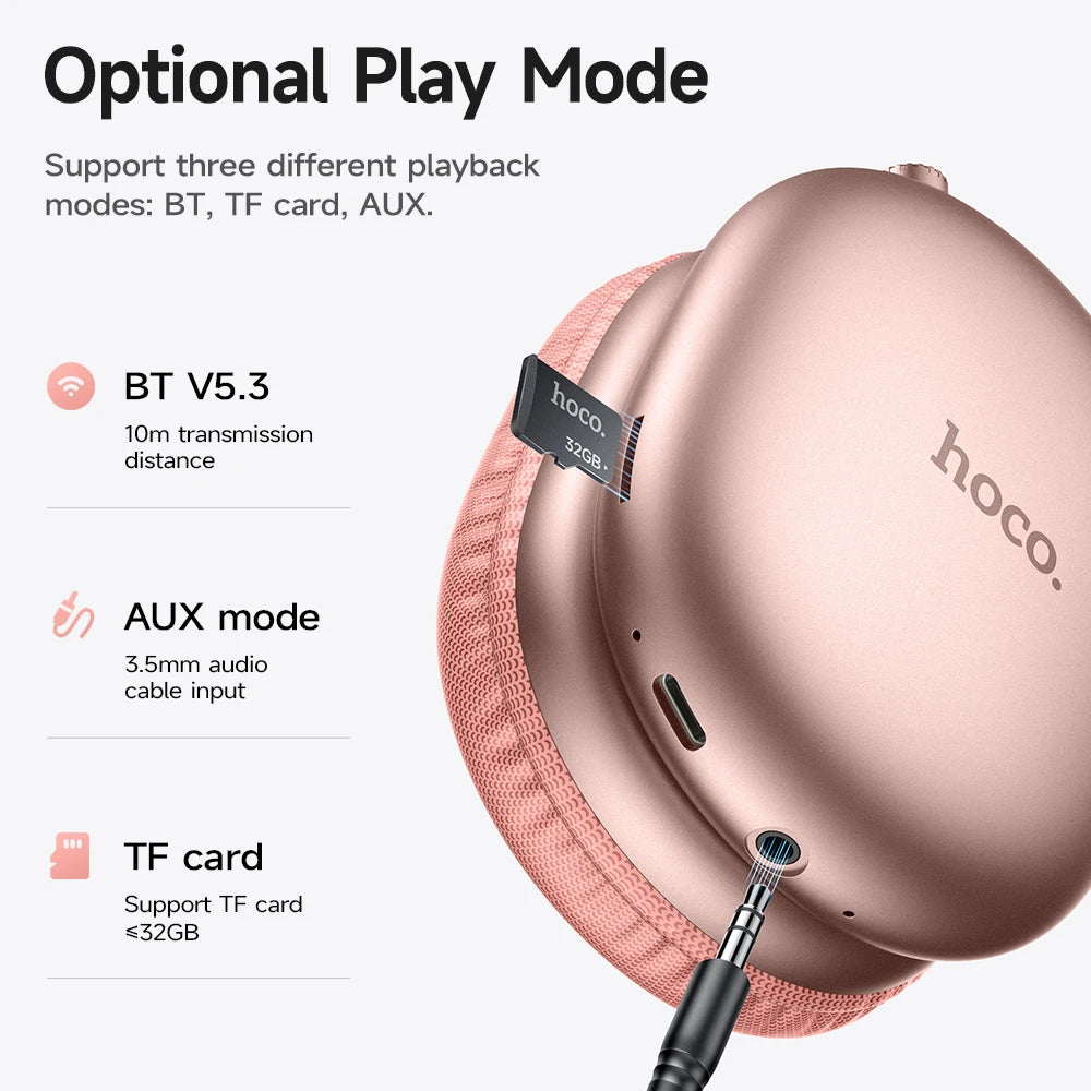 Rose gold headphones with technical specifications on a white background