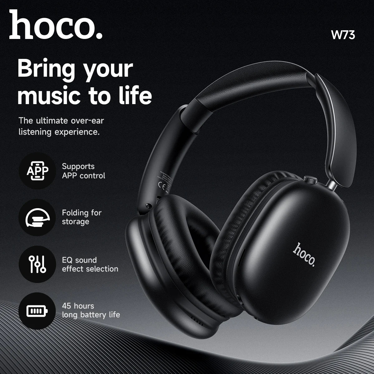 Black over-ear headphones with hoco branding on a dark background