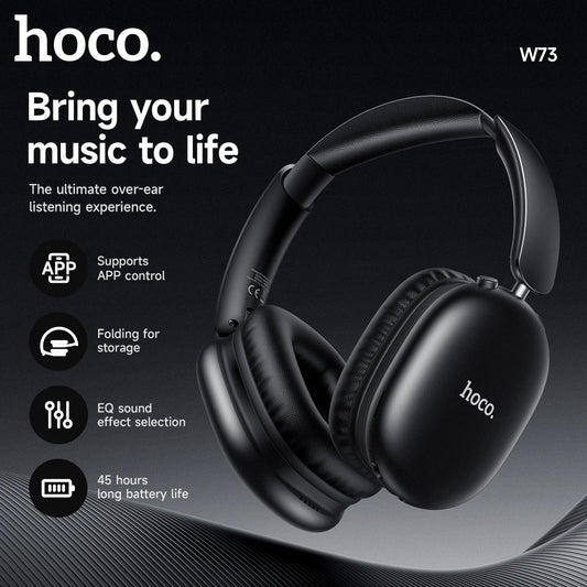 Black over-ear headphones with hoco branding on a dark background