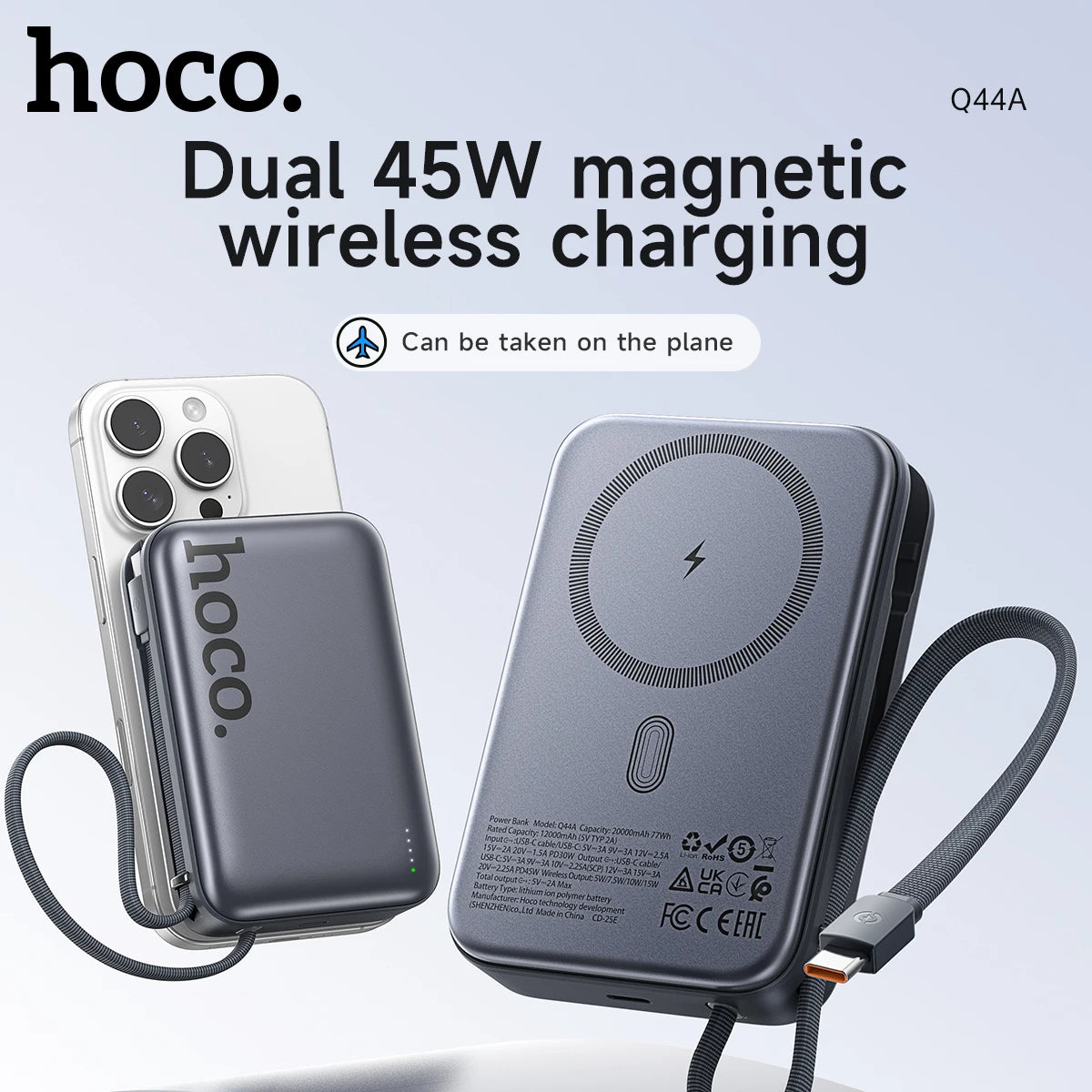 hoco. dual 45W magnetic wireless charging device with phone on a light gray background