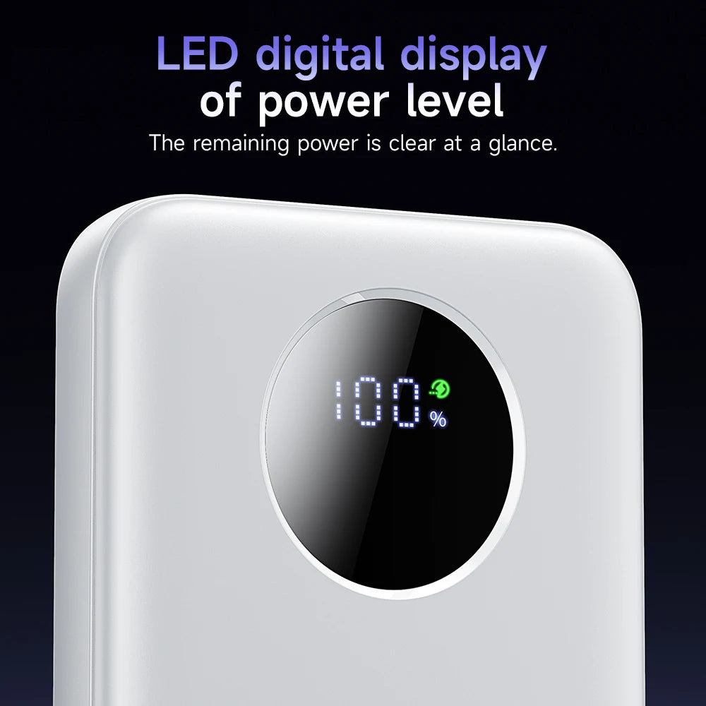 White electronic device with LED digital display showing power level on a black background