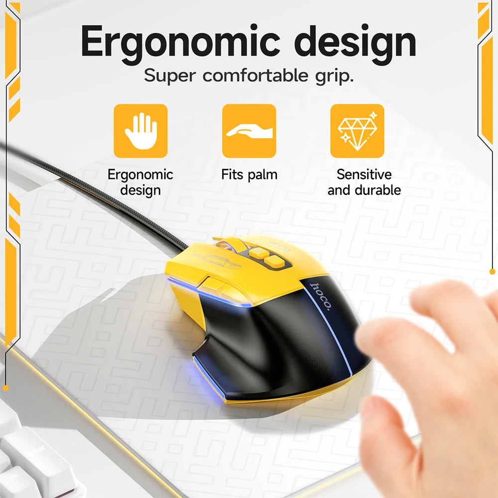 Ergonomic mouse with text highlighting features on a white background