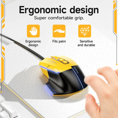 Ergonomic mouse with text highlighting features on a white background