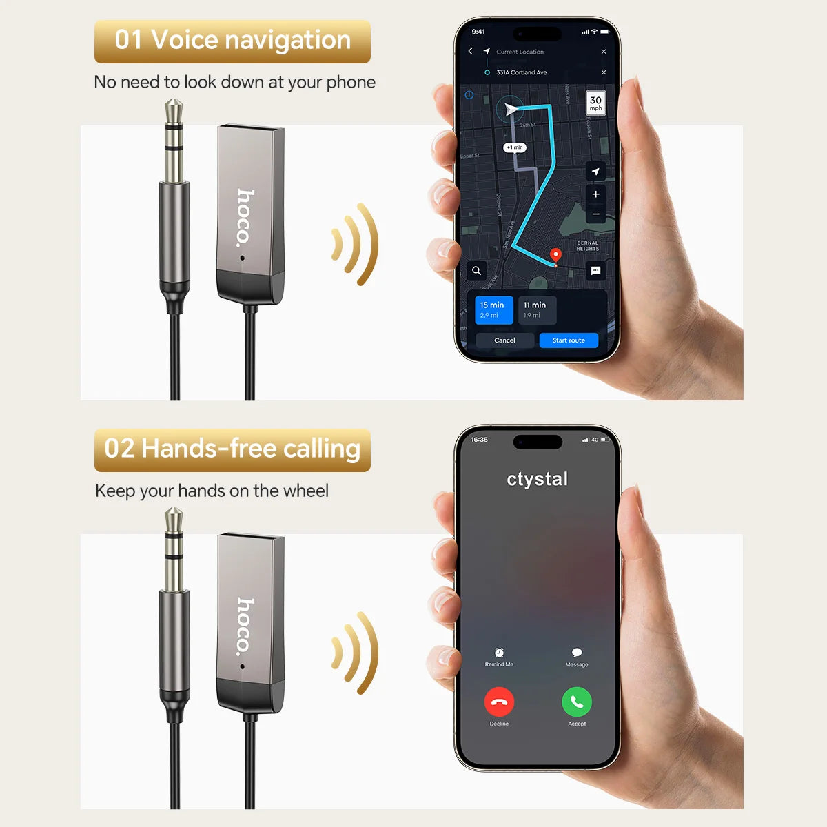 HOCO E78 In-Car Bluetooth Audio Receiver (BT5.3, AUX 3.5mm)