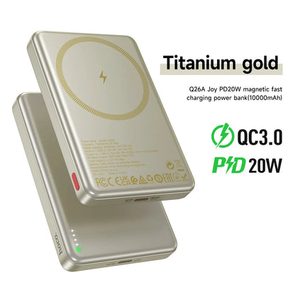 Titanium gold magnetic fast charging power bank with QC3.0 and PD20W features on a white background.