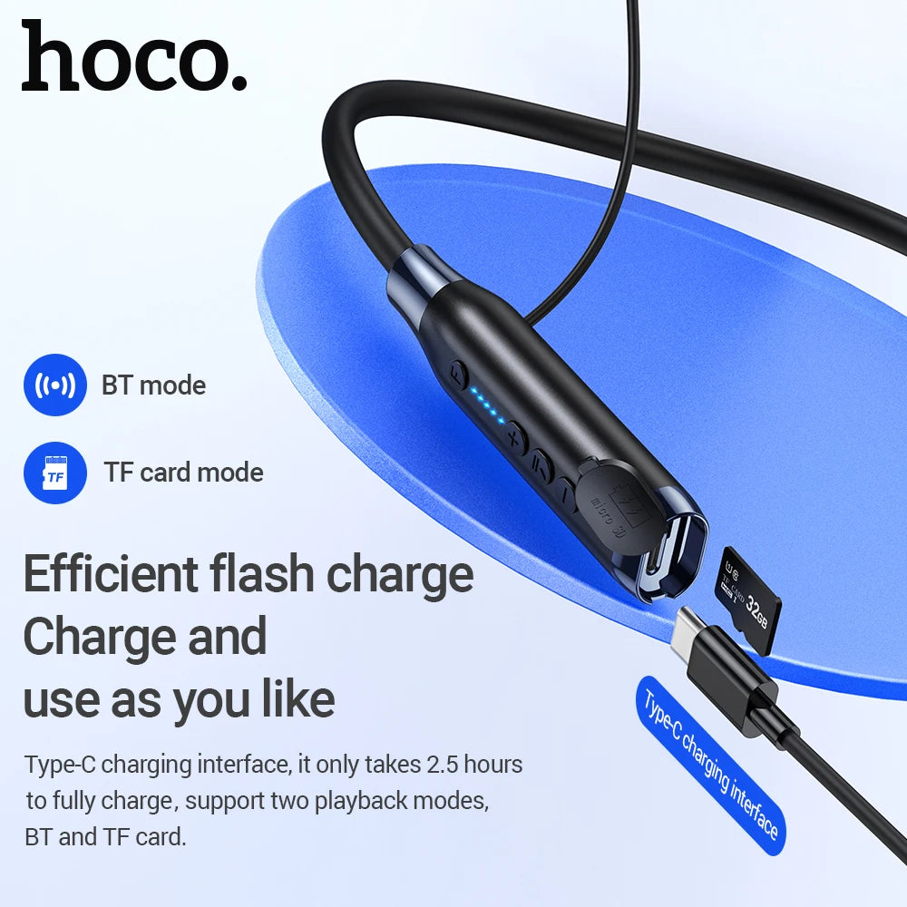Bluetooth headset with charging cable on a blue and white background, featuring hoco branding.
