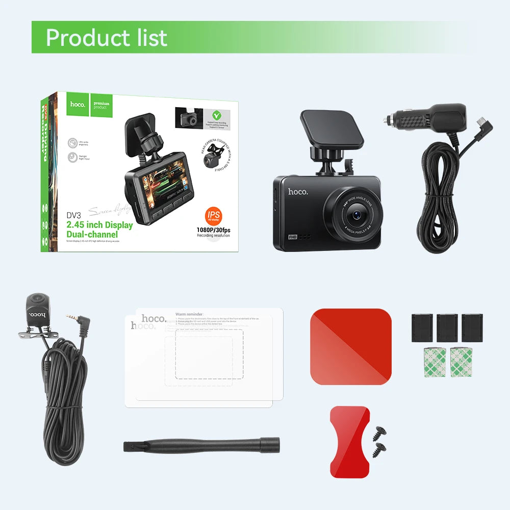 HOCO DV3 Dual 1080P Dash Cam Kit – Front & Rear Hidden Car Camera with 2.45” IPS Display