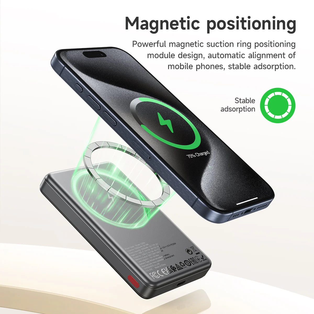 Smartphone with magnetic charging ring and text highlighting magnetic positioning feature on a white background