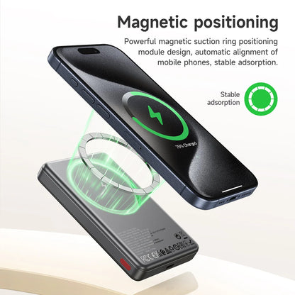 Smartphone with magnetic charging ring and text highlighting magnetic positioning feature on a white background