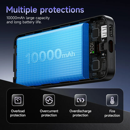10000mAh power bank with multiple protection features on a dark background