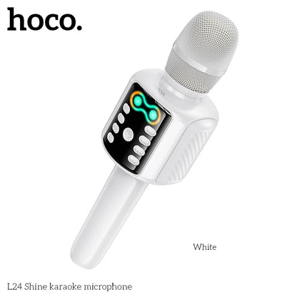 White karaoke microphone with digital display on a white background, featuring the brand 'hoco'.