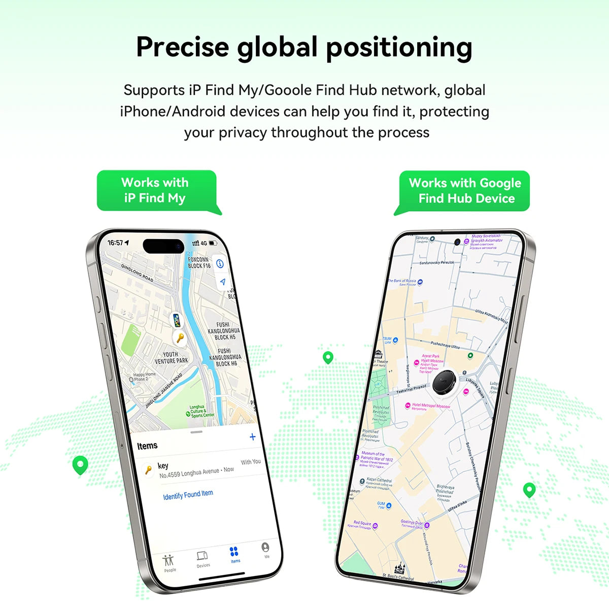 Two smartphones displaying a map application with text about precise global positioning and compatibility with IP Find My and Google Find Hub.
