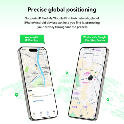Two smartphones displaying a map application with text about precise global positioning and compatibility with IP Find My and Google Find Hub.
