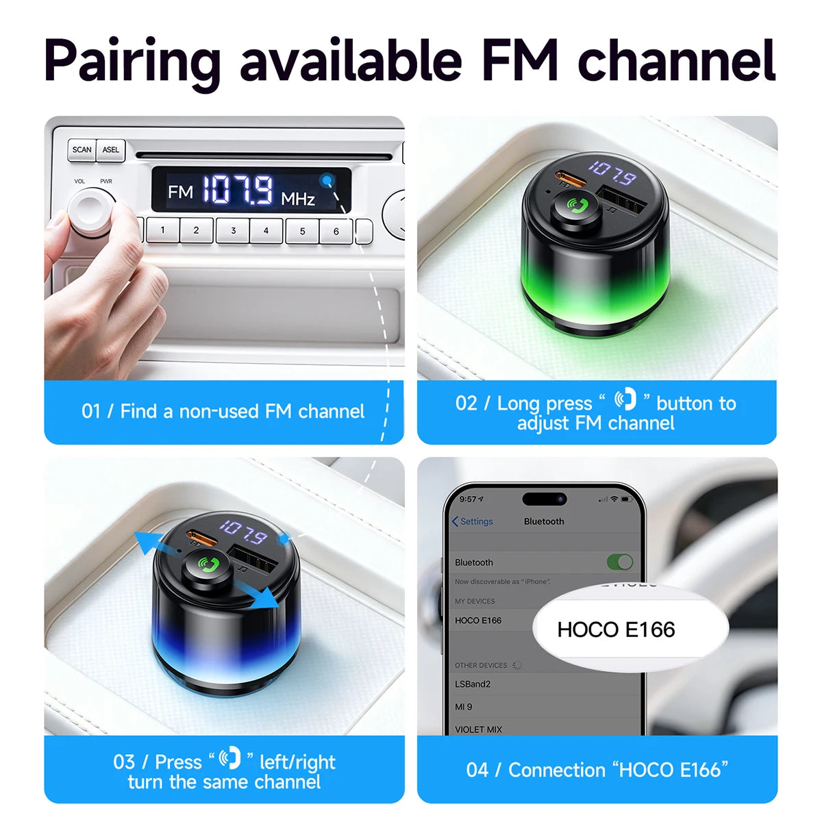 HOCO E166 Bluetooth 6.0 FM Transmitter with PD 30W & QC 3.0