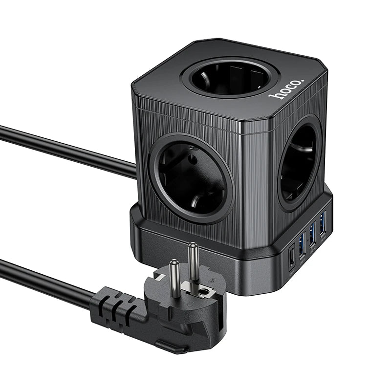 Black power adapter with multiple sockets and USB ports on a white background