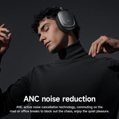 Person wearing headphones with ANC noise reduction text on a dark background