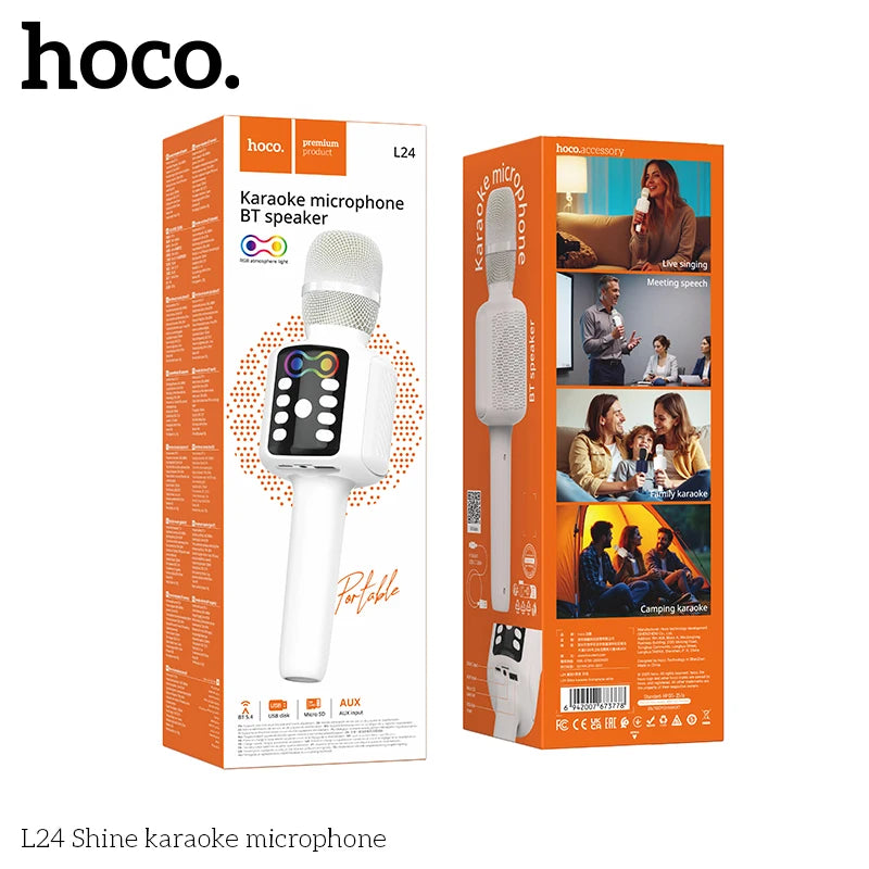 Hoco L24 Shine karaoke microphone packaging with front and back views on a white background.