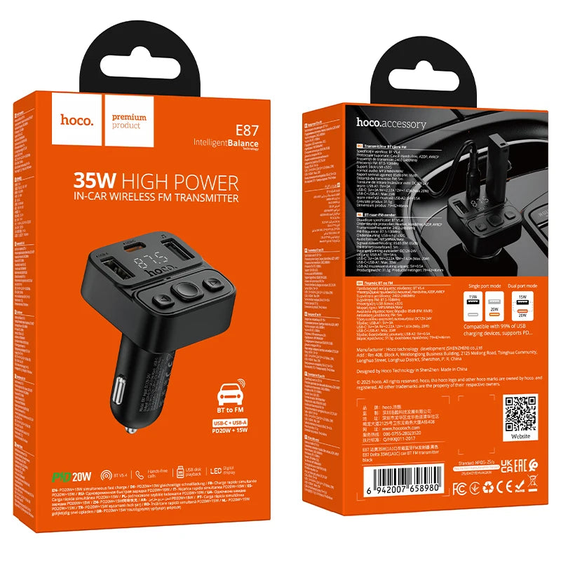 Orange packaging of a 35W high power in-car wireless FM transmitter with product details.