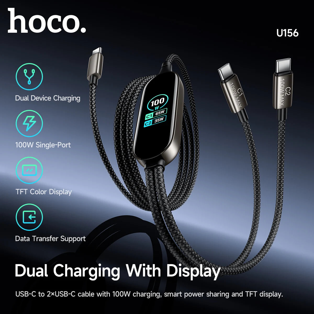 HOCO U156 100W Dual USB-C Charging Cable with TFT Display