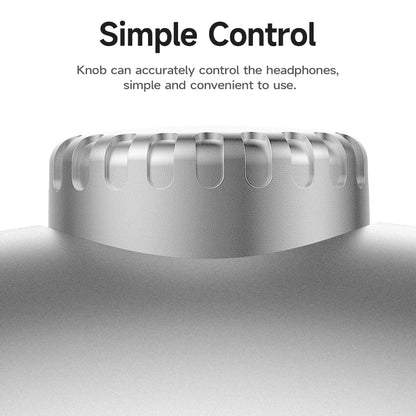 Silver knob on a white background with text about control simplicity.