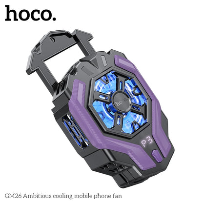 Hoco GM26 Ambitious cooling mobile phone fan with blue LED lights on a white background