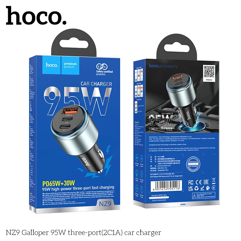 HOCO NZ9 95W Fast Car Charger with Triple Ports (2×USB-C + USB-A)