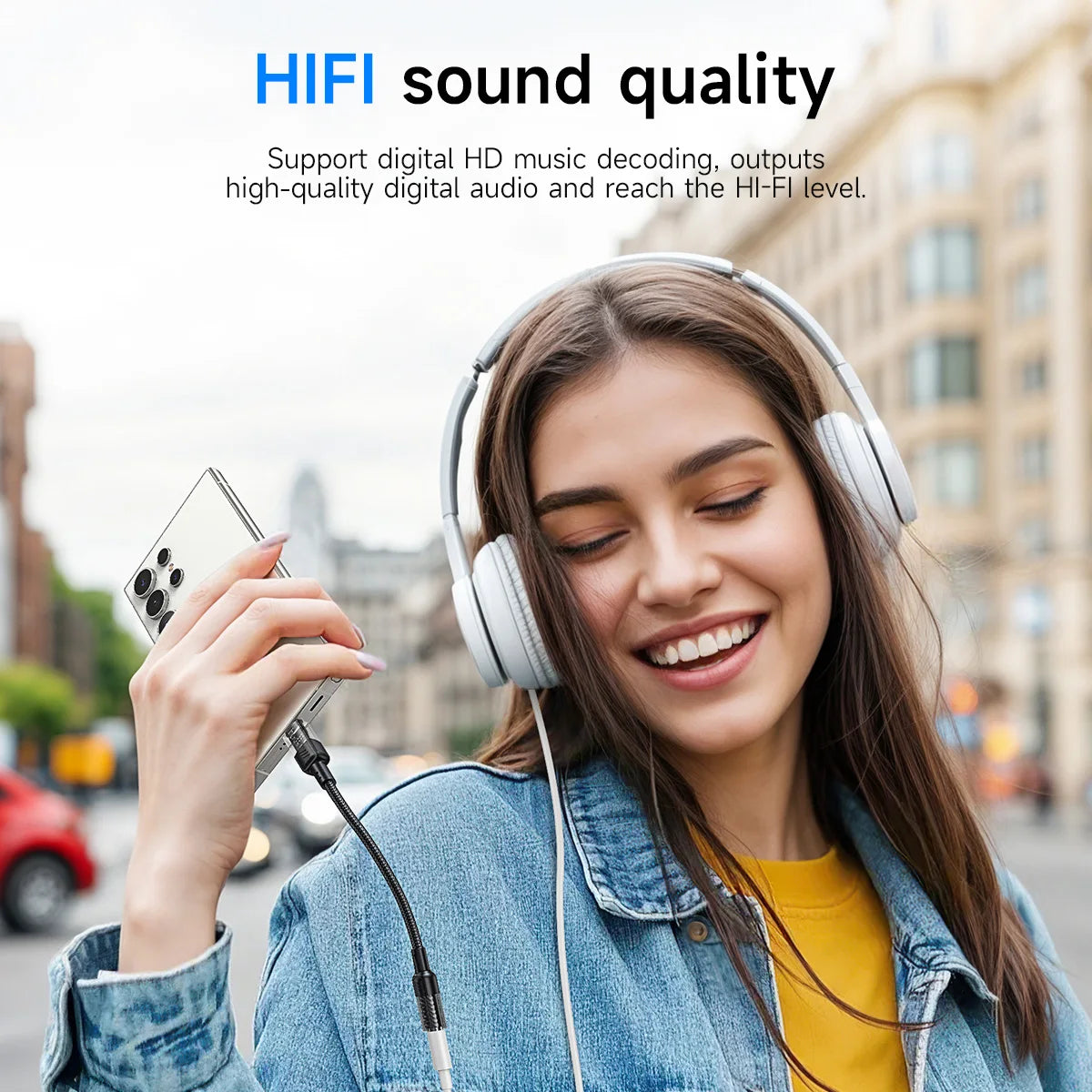 Woman wearing headphones and holding a phone with 'HIFI sound quality' text overlay.