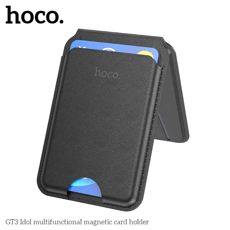 Black multifunctional magnetic card holder with 'hoco.' branding on a white background