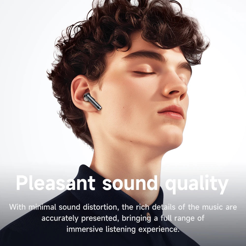 Person wearing wireless earbuds with text about pleasant sound quality