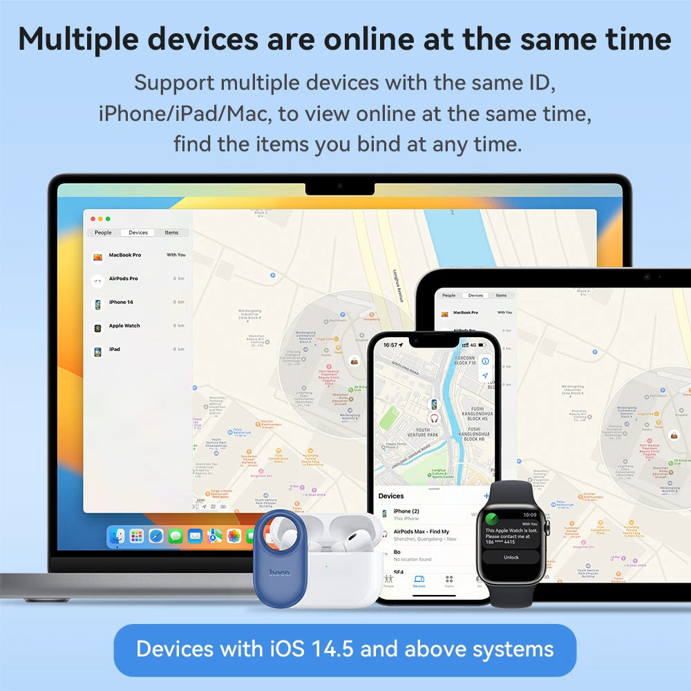 Laptop, smartphone, smartwatch, and earbuds with text about multiple device support on a blue background