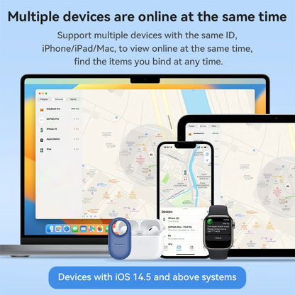 Laptop, smartphone, smartwatch, and earbuds with text about multiple device support on a blue background