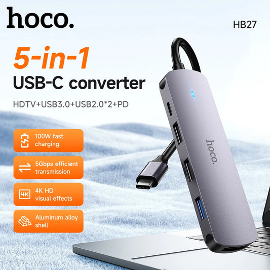 Hoco 5-in-1 USB-C converter with features listed on a light blue background