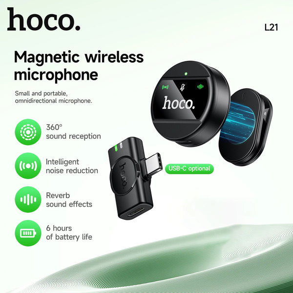 hoco magnetic wireless microphone with features on a light green background