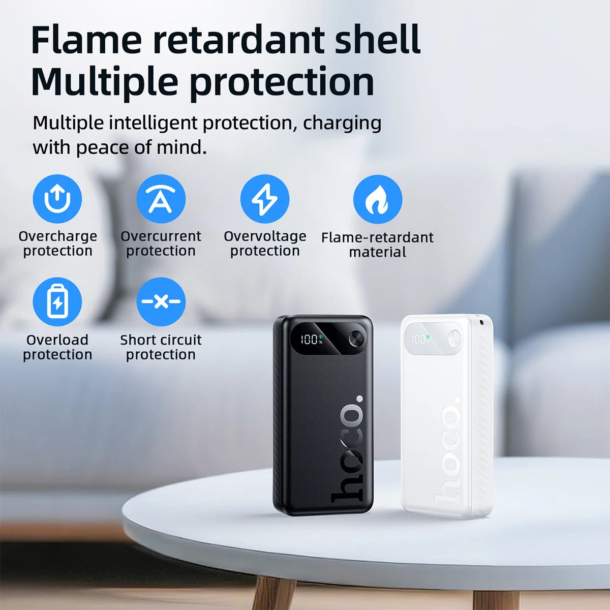 Two power banks, one black and one white, on a table with text about their flame retardant shell and multiple protections.