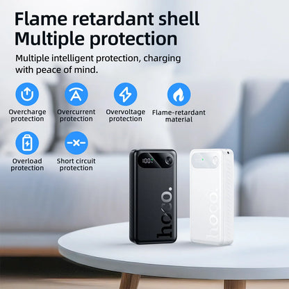 Two power banks, one black and one white, on a table with text about their flame retardant shell and multiple protections.
