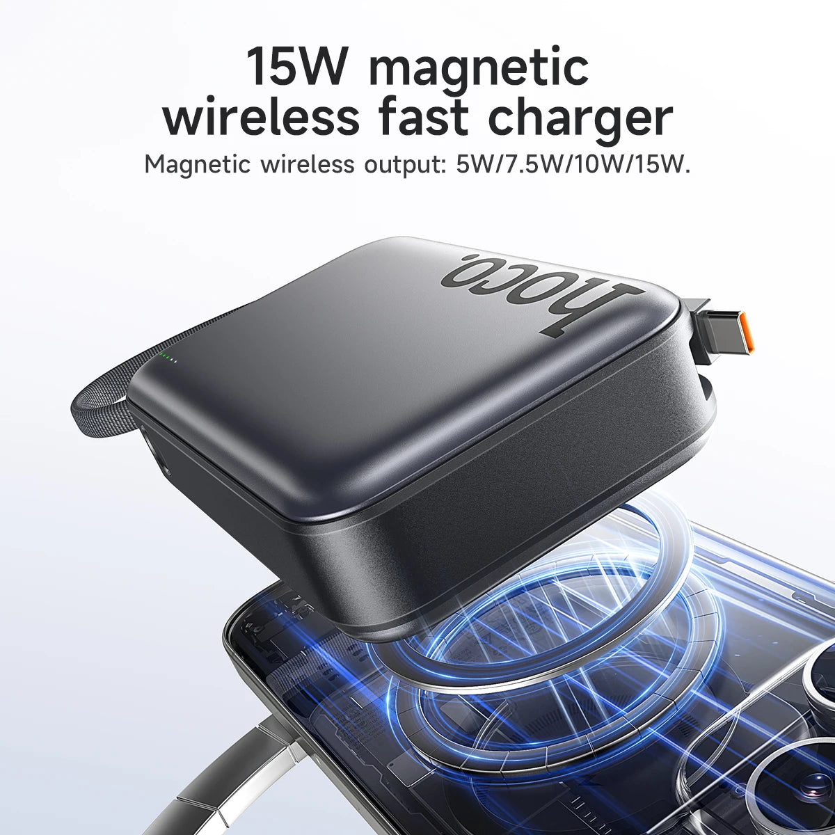 15W magnetic wireless fast charger with 'HOCO' branding on a white background