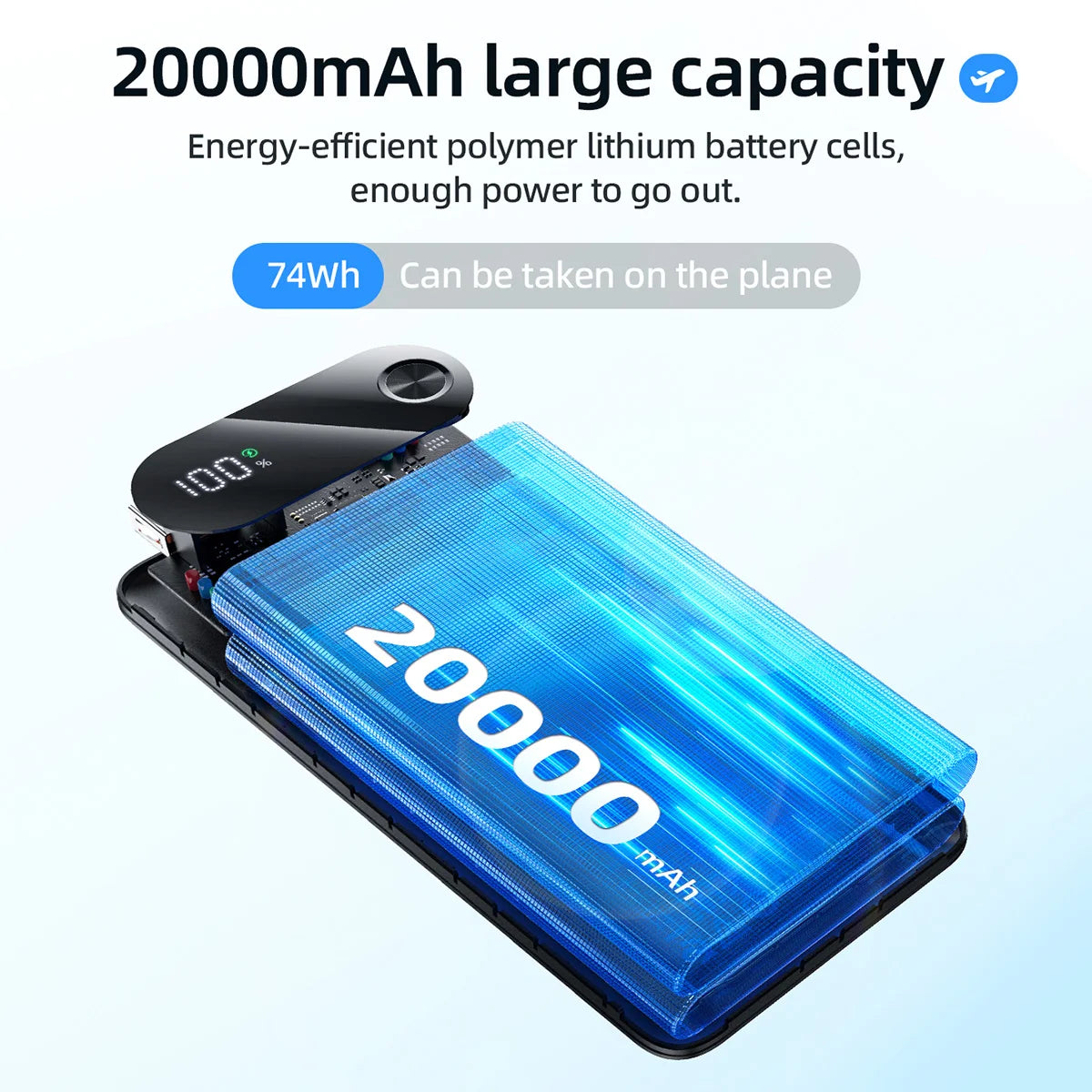 20,000mAh portable battery pack with charging cable on a light blue background