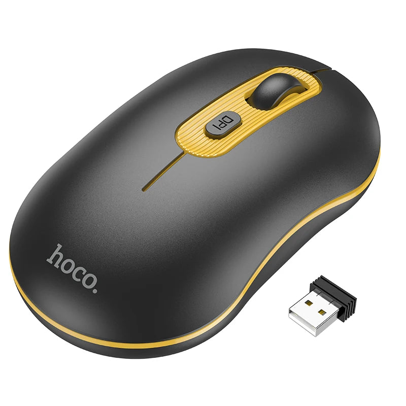 Black and yellow computer mouse with USB receiver on a white background
